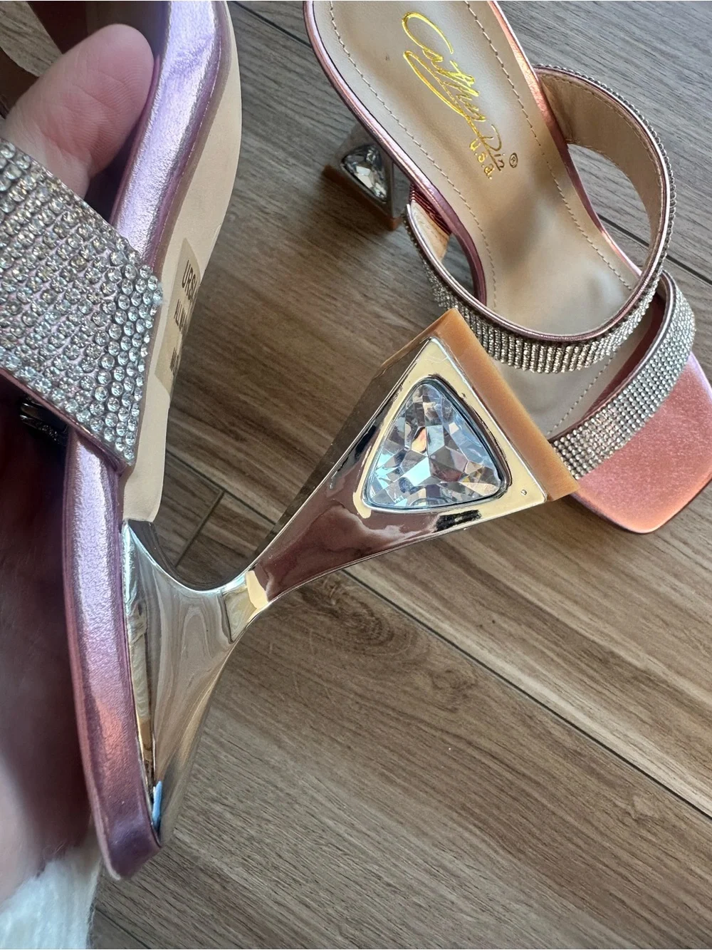 Crystal-Embellished Rose Pink Metallic Block Heel Sandals Brand New w/ Box